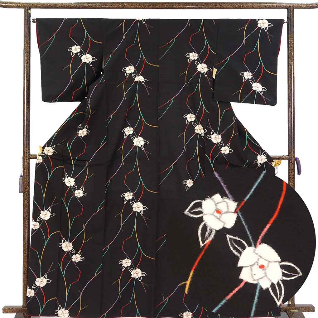 紬 リサイクル着物 身丈166cm 裄65cm 前幅23.5cm 後幅29cm 袖丈49cm 袖幅33cm レディース 袷 花柄 裄Mサイズ 秋冬春用 正絹（シルク）ブラック トールサイズ 美品 リメイク リユース【ランクA】