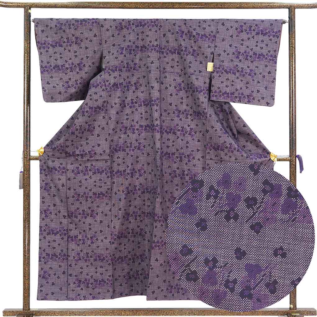 紬 リサイクル着物 身丈156cm 裄66cm 前幅24cm 後幅30.5cm 袖丈49cm 袖幅33.5cm レディース 袷 花柄 裄長 裄M-Lサイズ 秋冬春用 正絹（シルク）パープル やや難 大島紬 リメイク リユース【ランクB】