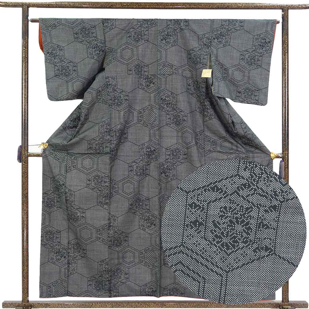 紬 リサイクル着物 身丈160cm 裄64cm 前幅23cm 後幅28.5cm 袖丈49cm 袖幅33cm レディース 袷 亀甲 裄Mサイズ 秋冬春用 正絹（シルク）ブラック 美品 大島紬 リメイク リユース【ランクA】