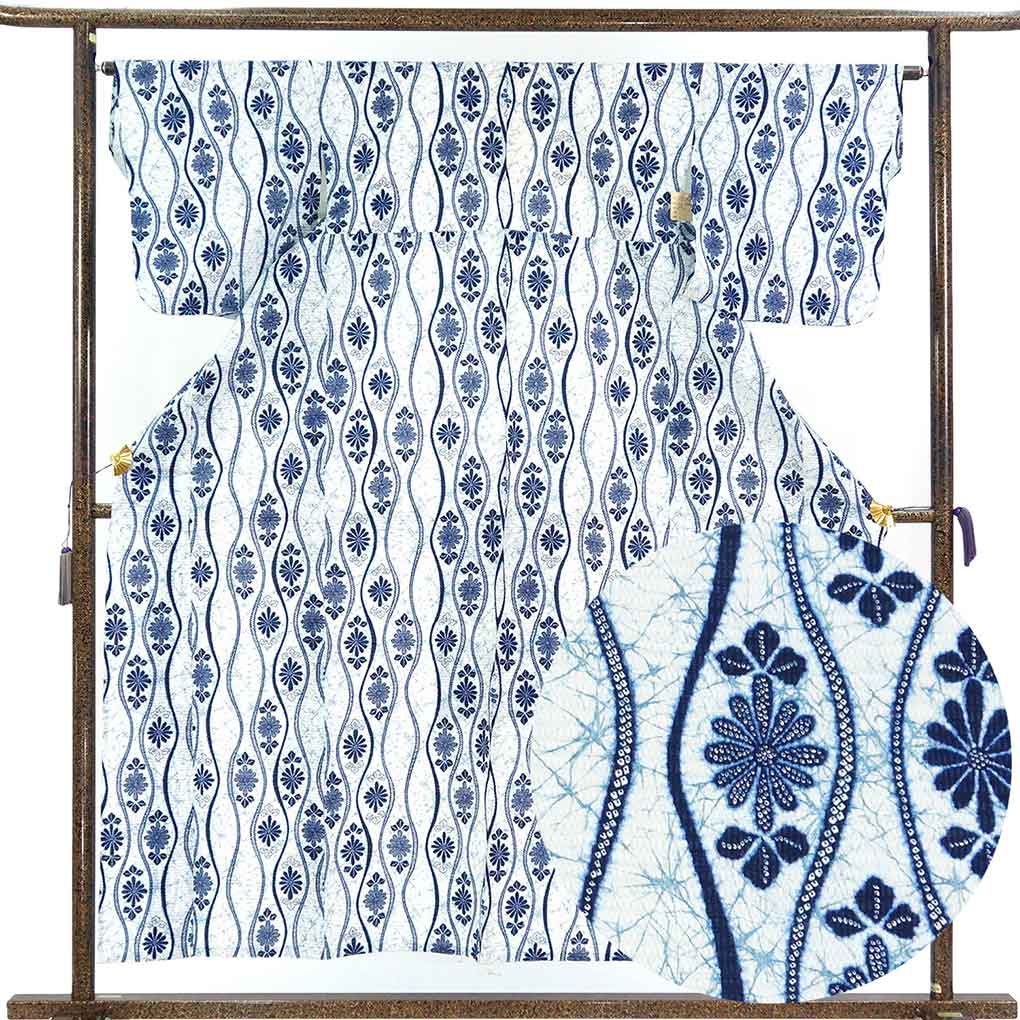 浴衣 リサイクル着物 身丈157cm 裄63cm 前幅23cm 後幅31cm 袖丈49cm 袖幅32.5cm レディース 立涌 裄Mサイズ 夏用 木綿 ホワイト 美品 リメイク リユース【ランクA】