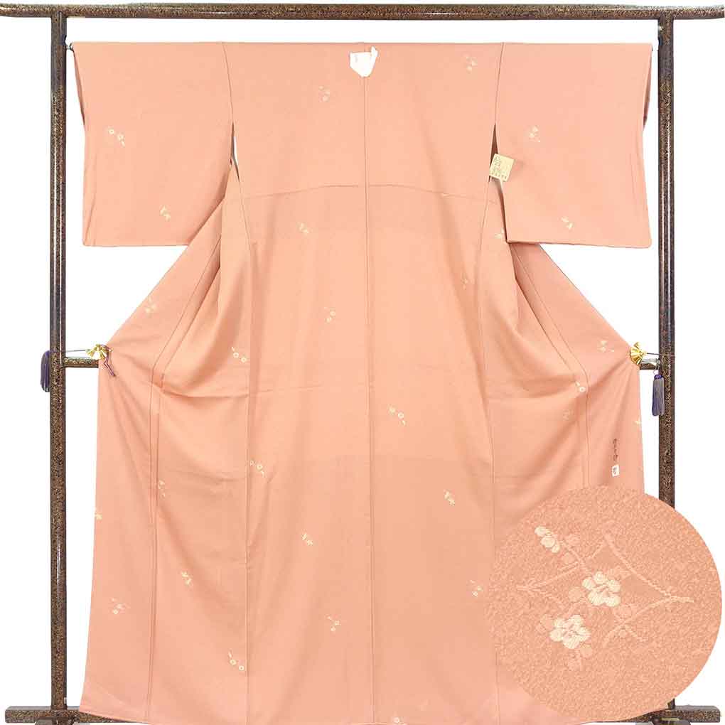 小紋 リサイクル着物 身丈164cm 裄67cm 前幅24cm 後幅30cm 袖丈49cm 袖幅34cm レディース 袷 花柄 裄長 裄Lサイズ 秋冬春用 正絹（シルク）ピンク トールサイズ 未使用品 柿本市郎 リメイク リユース【ランクS】