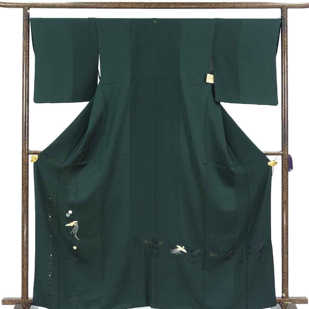 付下 リサイクル着物 身丈166cm 裄63cm 前幅24cm 後幅30cm 袖丈49cm 袖幅34cm レディース 袷 鳳凰 裄Mサイズ 秋冬春用 正絹（シルク）グリーン トールサイズ やや難 リメイク リユース【ランクB】