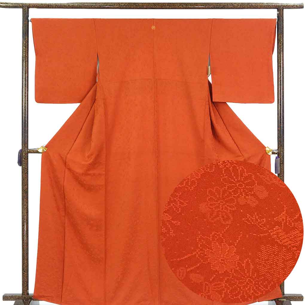 色無地 リサイクル着物 身丈165cm 裄67cm 前幅24cm 後幅30.5cm 袖丈48cm 袖幅34cm レディース 袷 無地 裄長 裄Lサイズ 秋冬春用 正絹（シルク）オレンジ トールサイズ 美品 リメイク リユース【ランクA】