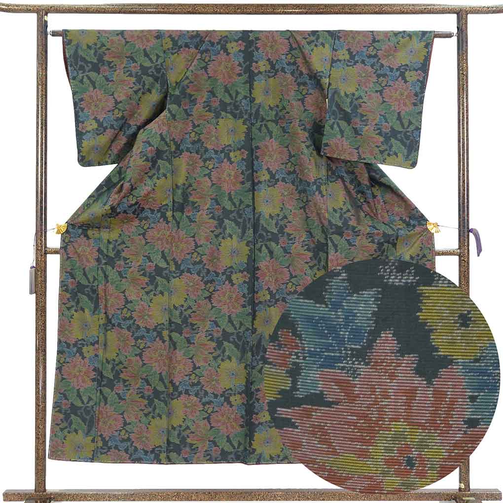 紬 リサイクル着物 身丈153cm 裄62cm 前幅24cm 後幅29cm 袖丈49cm 袖幅32cm レディース 袷 花柄 裄Sサイズ 秋冬春用 正絹（シルク）ブラック 未使用品 大島紬 リメイク リユース【ランクS】