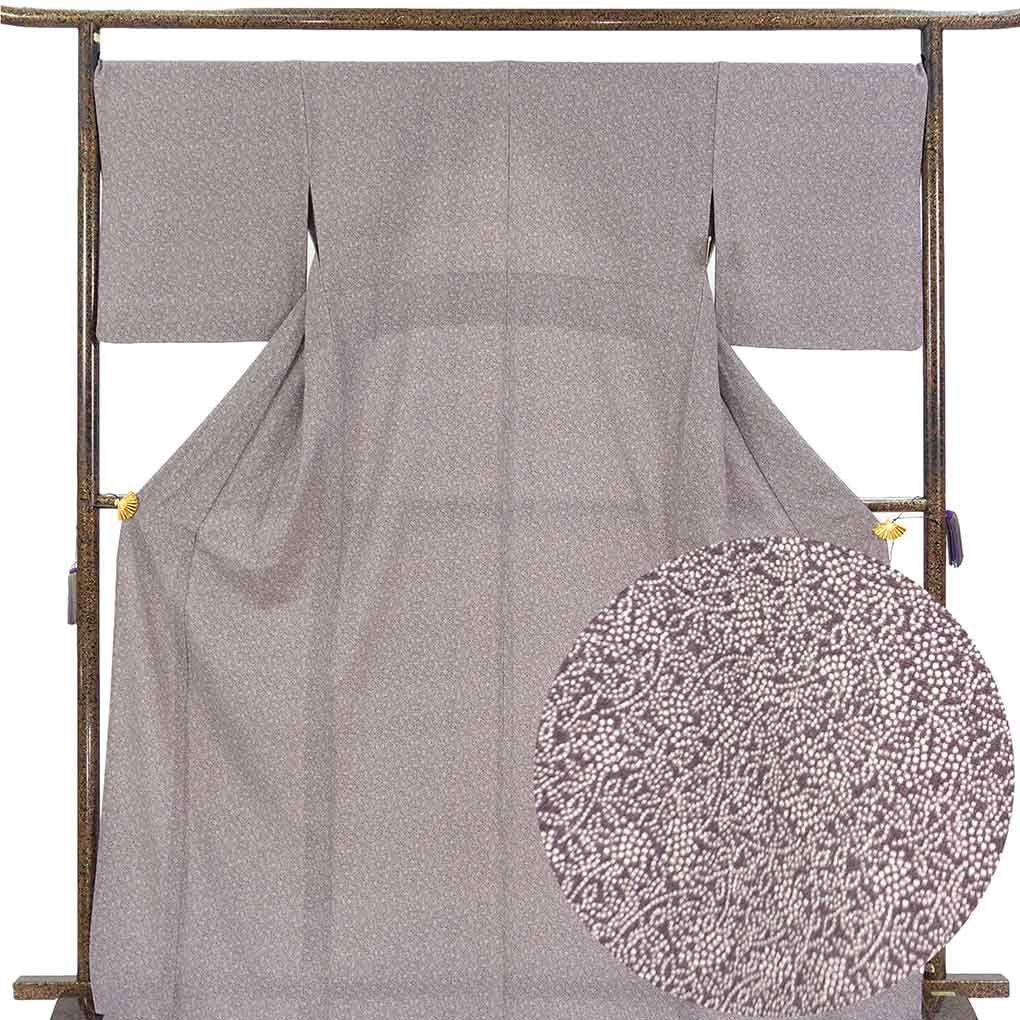小紋 リサイクル着物 身丈171cm 裄70cm 前幅26cm 後幅30cm 袖丈49cm 袖幅35cm レディース 単衣 葡萄 裄長 裄L-LLサイズ 初夏・初秋用 正絹（シルク）パープル トールサイズ 美品 リメイク リユース【ランクA】
