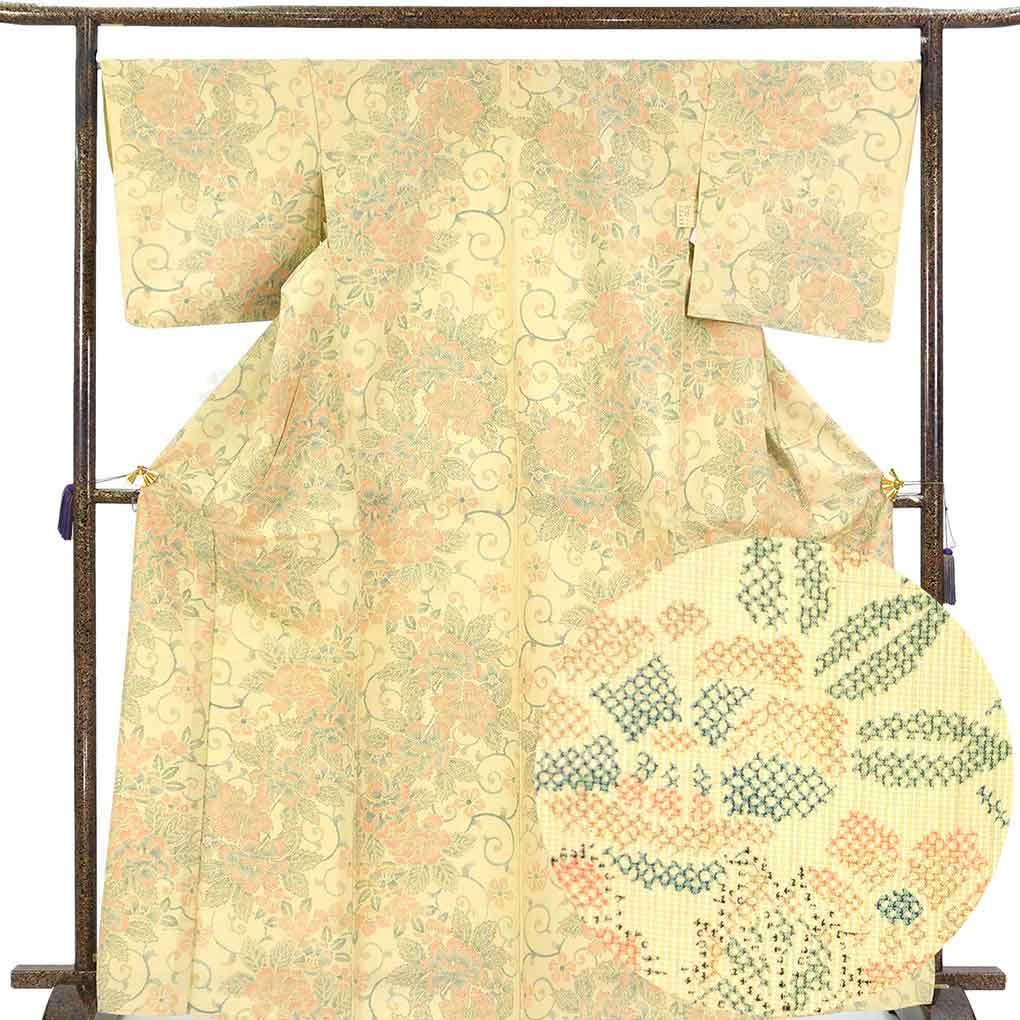 紬 リサイクル着物 身丈169cm 裄68cm 前幅27cm 後幅31cm 袖丈49cm 袖幅34cm レディース 単衣 花柄 裄長 裄Lサイズ 初夏・初秋用 正絹（シルク）イエロー トールサイズ 美品 リメイク リユース【ランクA】