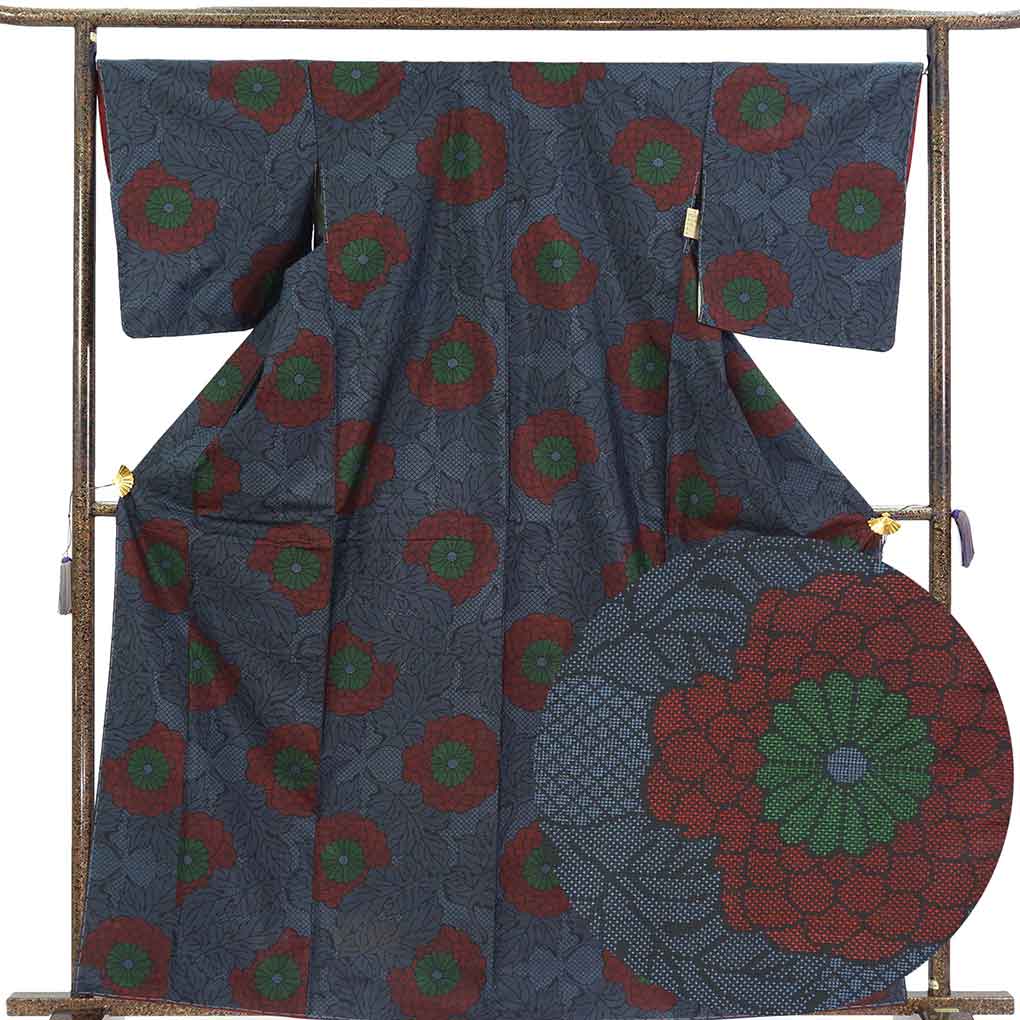 紬 リサイクル着物 身丈164cm 裄67cm 前幅23cm 後幅30.5cm 袖丈49cm 袖幅34cm レディース 袷 花柄 裄長 裄Lサイズ 秋冬春用 正絹（シルク）ブラック トールサイズ やや難 大島紬 リメイク リユース【ランクB】