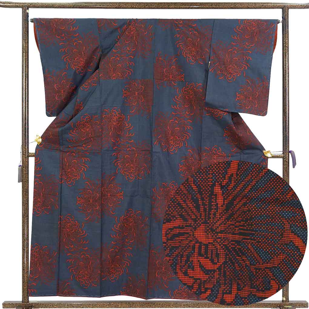 紬 リサイクル着物 身丈160cm 裄65cm 前幅24cm 後幅29cm 袖丈56cm 袖幅33cm レディース 袷 乱菊 裄Mサイズ 秋冬春用 正絹（シルク）ネイビー 未使用品 大島紬 リメイク リユース【ランクS】