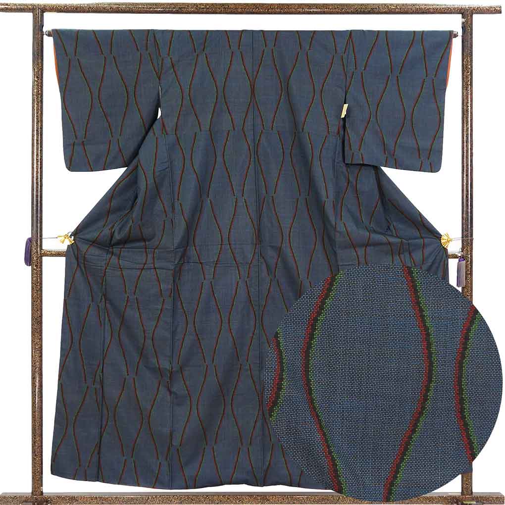 紬 リサイクル着物 身丈159cm 裄65cm 前幅25cm 後幅30.5cm 袖丈49cm 袖幅32.5cm レディース 袷 立涌 裄Mサイズ 秋冬春用 正絹（シルク）ネイビー 美品 大島紬 リメイク リユース【ランクA】