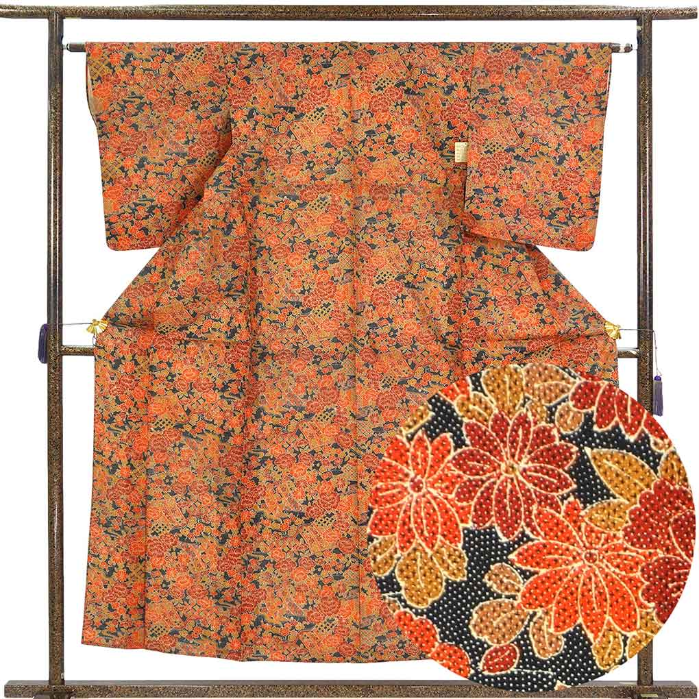 紬 リサイクル着物 身丈156cm 裄63cm 前幅24.5cm 後幅29cm 袖丈52cm 袖幅32cm レディース 単衣 花柄 裄Mサイズ 初夏・初秋用 正絹（シルク）オレンジ 美品 リメイク リユース【ランクA】