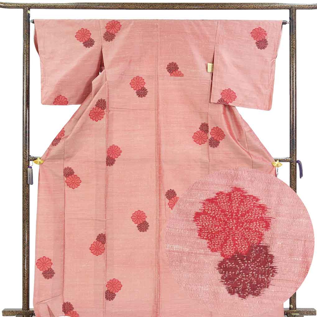紬 リサイクル着物 身丈166cm 裄65cm 前幅23cm 後幅29cm 袖丈51cm 袖幅33cm レディース 単衣 花柄 裄Mサイズ 初夏・初秋用 正絹（シルク）ピンク トールサイズ 美品 リメイク リユース【ランクA】