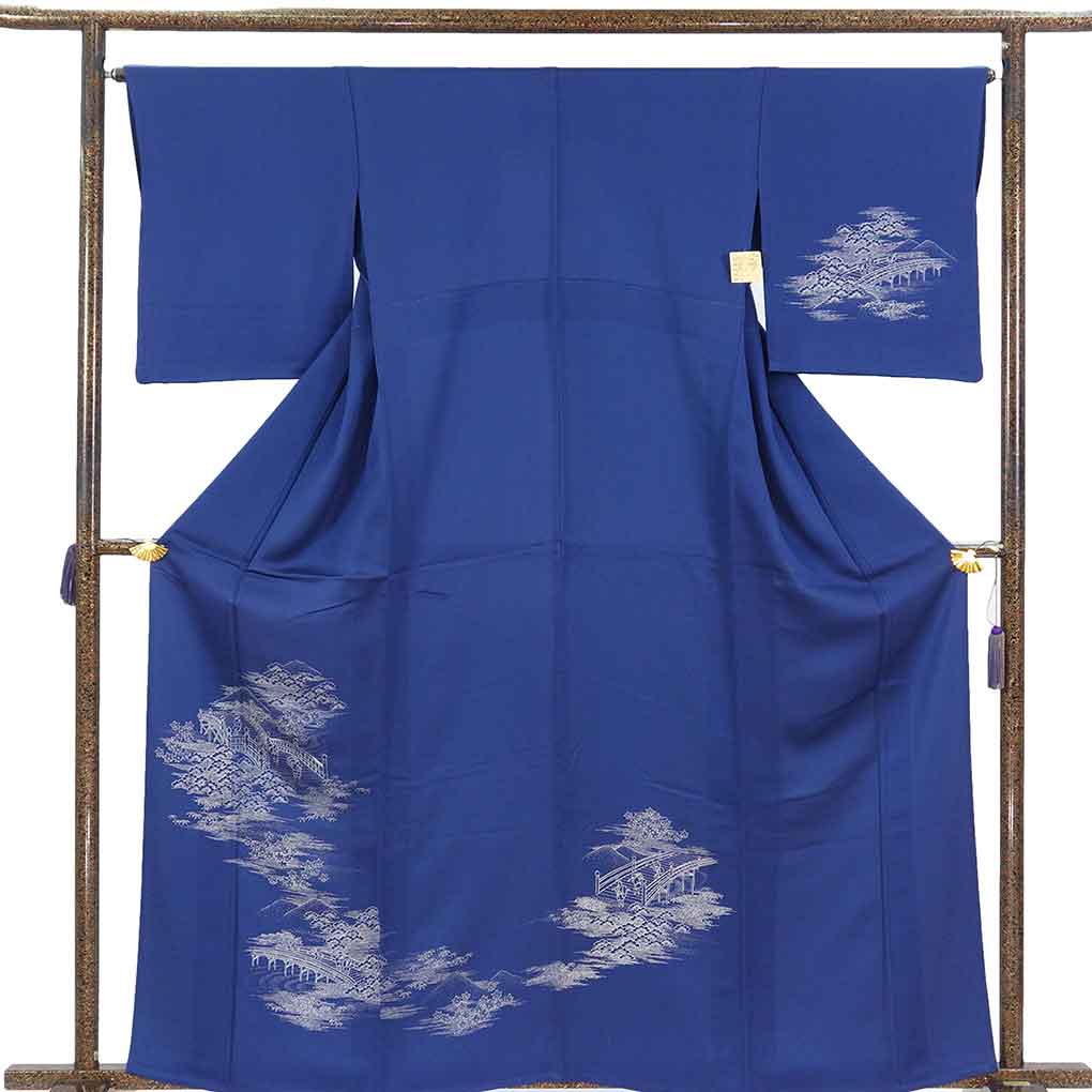 訪問着 リサイクル着物 身丈163cm 裄66cm 前幅24cm 後幅29cm 袖丈50cm 袖幅34cm レディース 単衣 風景画 裄長 裄M-Lサイズ 初夏・初秋用 正絹（シルク）ネイビー 美品 リメイク リユース【ランクA】
