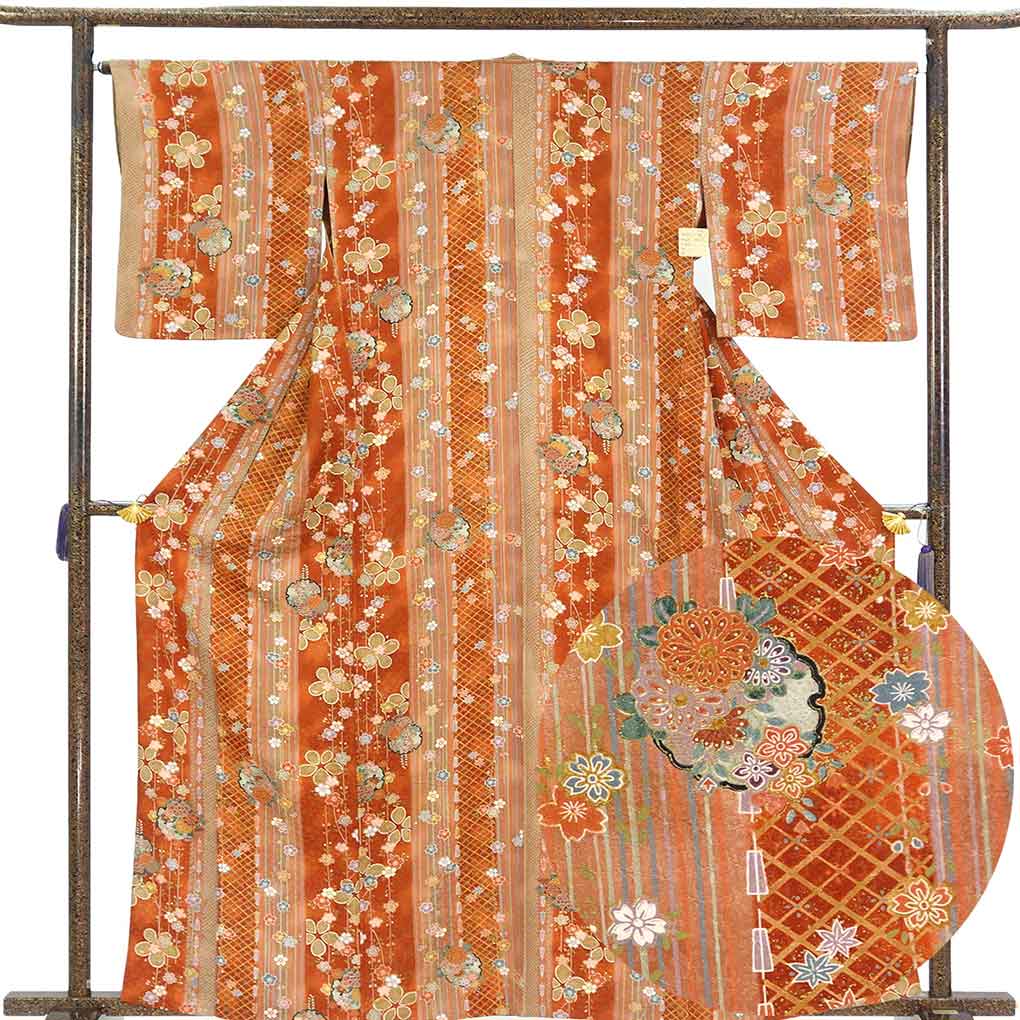 小紋 リサイクル着物 身丈164cm 裄66cm 前幅24cm 後幅29cm 袖丈48cm 袖幅33cm レディース 単衣 花柄 裄長 裄M-Lサイズ 初夏・初秋用 正絹（シルク）ブラウン トールサイズ 美品 リメイク リユース【ランクA】