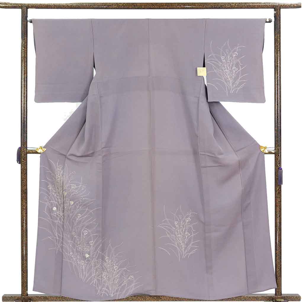 訪問着 リサイクル着物 身丈161cm 裄65cm 前幅23cm 後幅31cm 袖丈49cm 袖幅32.5cm レディース 単衣 花柄 裄Mサイズ 初夏・初秋用 正絹（シルク）パープル やや難 リメイク リユース【ランクB】