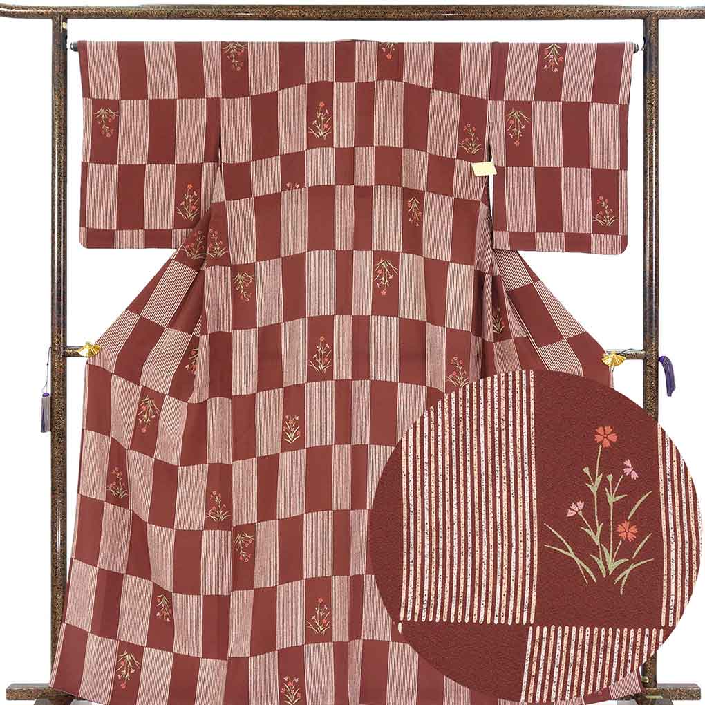 小紋 リサイクル着物 身丈165cm 裄68cm 前幅27cm 後幅33cm 袖丈51cm 袖幅33cm レディース 単衣 市松 裄長 裄Lサイズ 初夏・初秋用 正絹（シルク）ブラウン トールサイズ 美品 リメイク リユース【ランクA】
