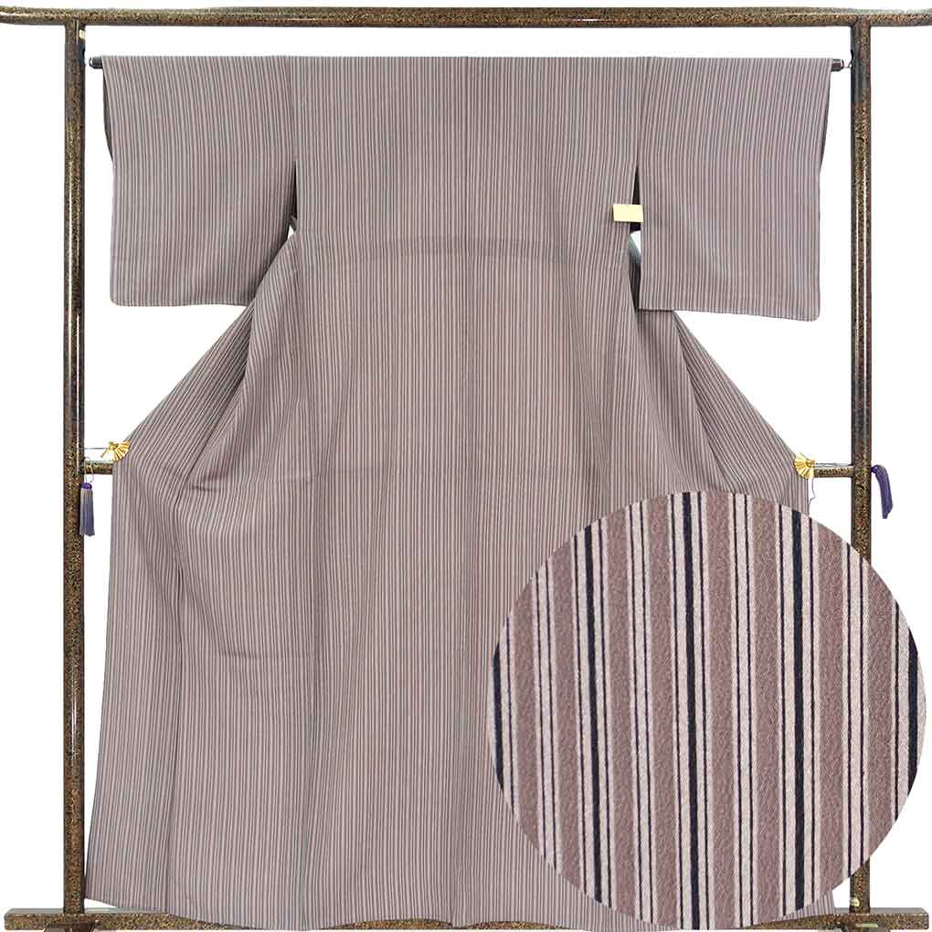 小紋 リサイクル着物 身丈162cm 裄65cm 前幅26cm 後幅30cm 袖丈48cm 袖幅32.5cm レディース 単衣 縦縞 裄Mサイズ 初夏・初秋用 正絹（シルク）グレー 美品 リメイク リユース【ランクA】