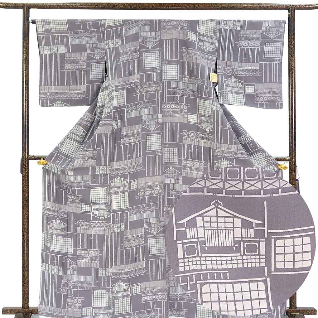 小紋 リサイクル着物 身丈165cm 裄66cm 前幅24cm 後幅30cm 袖丈49cm 袖幅34cm レディース 単衣 家屋 裄長 裄M-Lサイズ 初夏・初秋用 正絹（シルク）グレー トールサイズ 美品 リメイク リユース【ランクA】