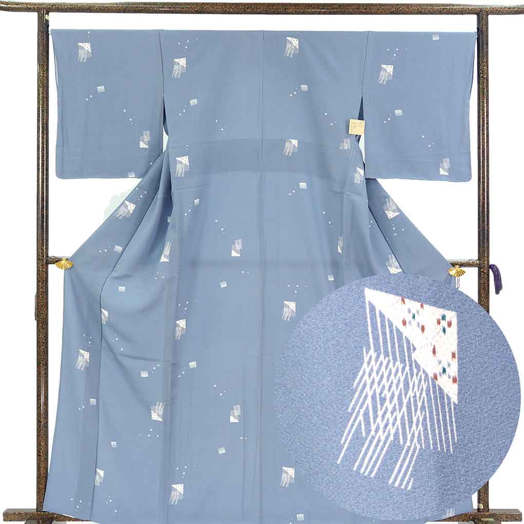小紋 リサイクル着物 身丈166cm 裄68cm 前幅25cm 後幅31cm 袖丈49cm 袖幅34cm レディース 単衣 抽象柄 裄長 裄Lサイズ 初夏・初秋用 正絹（シルク）ブルー トールサイズ やや難 リメイク リユース【ランクB】