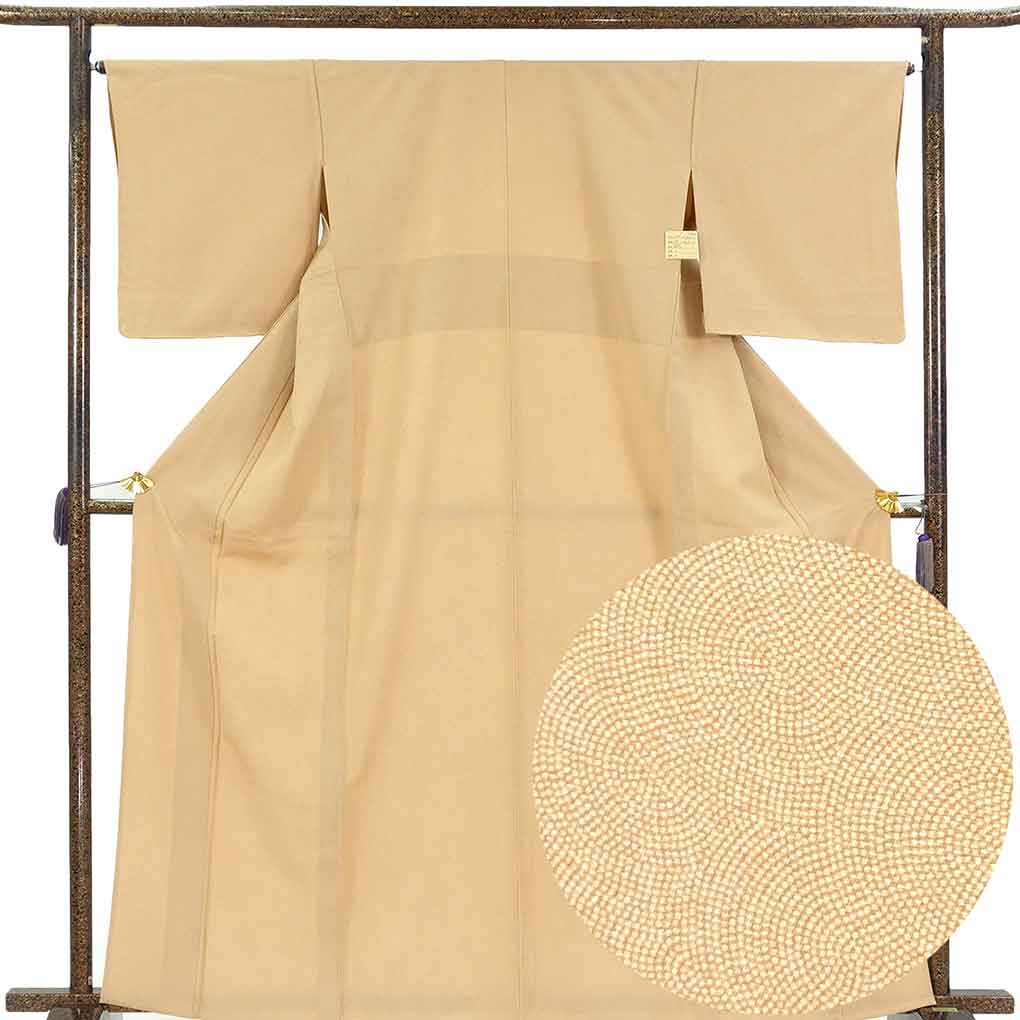 小紋 リサイクル着物 身丈165cm 裄66cm 前幅25cm 後幅31cm 袖丈48cm 袖幅34cm レディース 単衣 鮫小紋 裄長 裄M-Lサイズ 初夏・初秋用 正絹（シルク）ブラウン トールサイズ 未使用品 鮫小紋 リメイク リユース【ランクS】