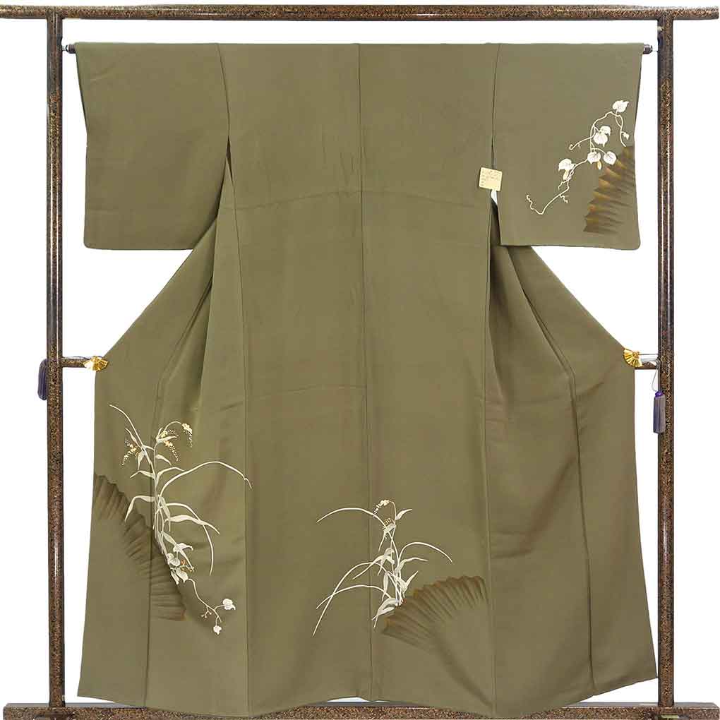 訪問着 リサイクル着物 身丈158cm 裄65cm 前幅24.5cm 後幅30cm 袖丈49cm 袖幅32.5cm レディース 袷 蔦柄 裄Mサイズ 秋冬春用 正絹（シルク）グリーン やや難 リメイク リユース【ランクB】
