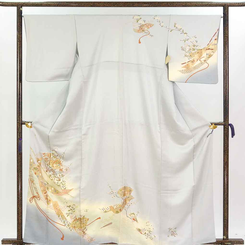 訪問着 リサイクル着物 身丈163cm 裄67cm 前幅24cm 後幅30cm 袖丈48cm 袖幅34cm レディース 袷 扇面 裄長 裄Lサイズ 秋冬春用 正絹（シルク）ブルー やや難 リメイク リユース【ランクB】