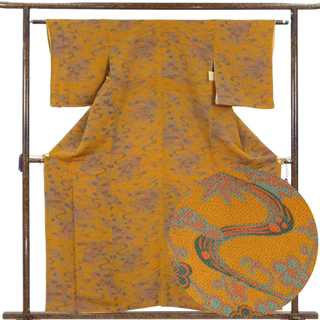 小紋 リサイクル着物 身丈159cm 裄60cm 前幅22.5cm 後幅28cm 袖丈49cm 袖幅30cm レディース 袷 露芝 裄SS-Sサイズ 秋冬春用 正絹（シルク）ブラウン 未使用品 リメイク リユース【ランクS】
