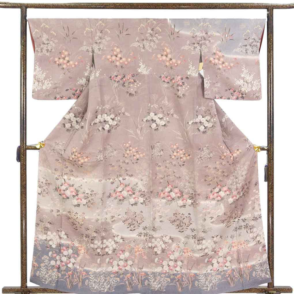 訪問着 リサイクル着物 身丈162cm 裄67cm 前幅26cm 後幅29.5cm 袖丈49cm 袖幅34cm レディース 袷 花柄 裄長 裄Lサイズ 秋冬春用 正絹（シルク）パープル 美品 リメイク リユース【ランクA】