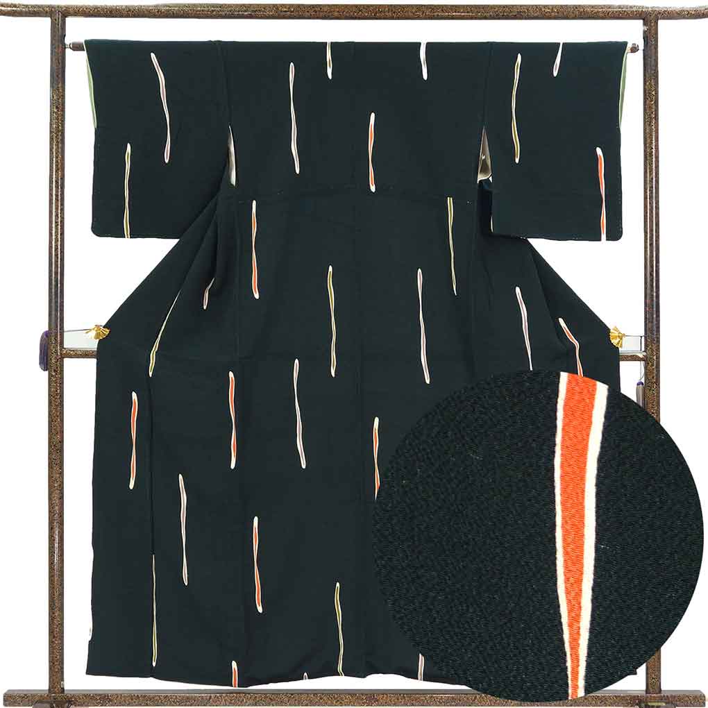 小紋 リサイクル着物 身丈158cm 裄64cm 前幅24cm 後幅30cm 袖丈48cm 袖幅32cm レディース 袷 抽象柄 裄Mサイズ 秋冬春用 正絹（シルク）グリーン やや難 リメイク リユース【ランクB】