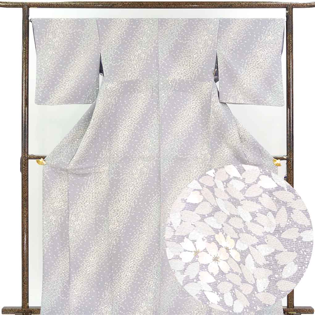 小紋 リサイクル着物 身丈168cm 裄68cm 前幅23.5cm 後幅29cm 袖丈49cm 袖幅34cm レディース 単衣 桜 裄長 裄Lサイズ 初夏・初秋用 正絹（シルク）パープル トールサイズ 美品 リメイク リユース【ランクA】