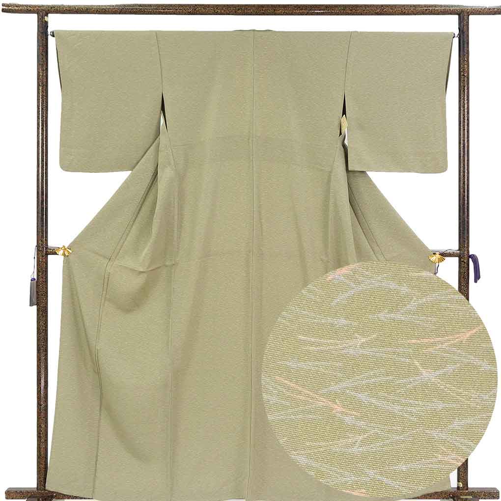 小紋 リサイクル着物 身丈163cm 裄66cm 前幅27cm 後幅30cm 袖丈49cm 袖幅33cm レディース 単衣 松葉 裄長 裄M-Lサイズ 初夏・初秋用 正絹（シルク）グリーン 美品 リメイク リユース【ランクA】