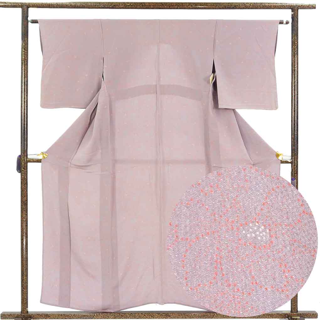 小紋 リサイクル着物 身丈159cm 裄63cm 前幅24cm 後幅30cm 袖丈49cm 袖幅32cm レディース 単衣 花柄 裄Mサイズ 初夏・初秋用 正絹（シルク）パープル やや難 リメイク リユース【ランクB】