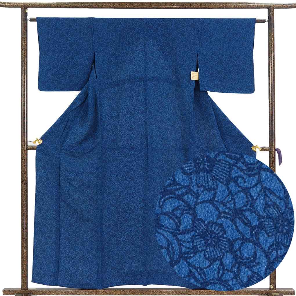 小紋 リサイクル着物 身丈158cm 裄64cm 前幅26cm 後幅30cm 袖丈44cm 袖幅32cm レディース 単衣 花柄 裄Mサイズ 初夏・初秋用 正絹（シルク）ネイビー 美品 作家もの リメイク リユース【ランクA】