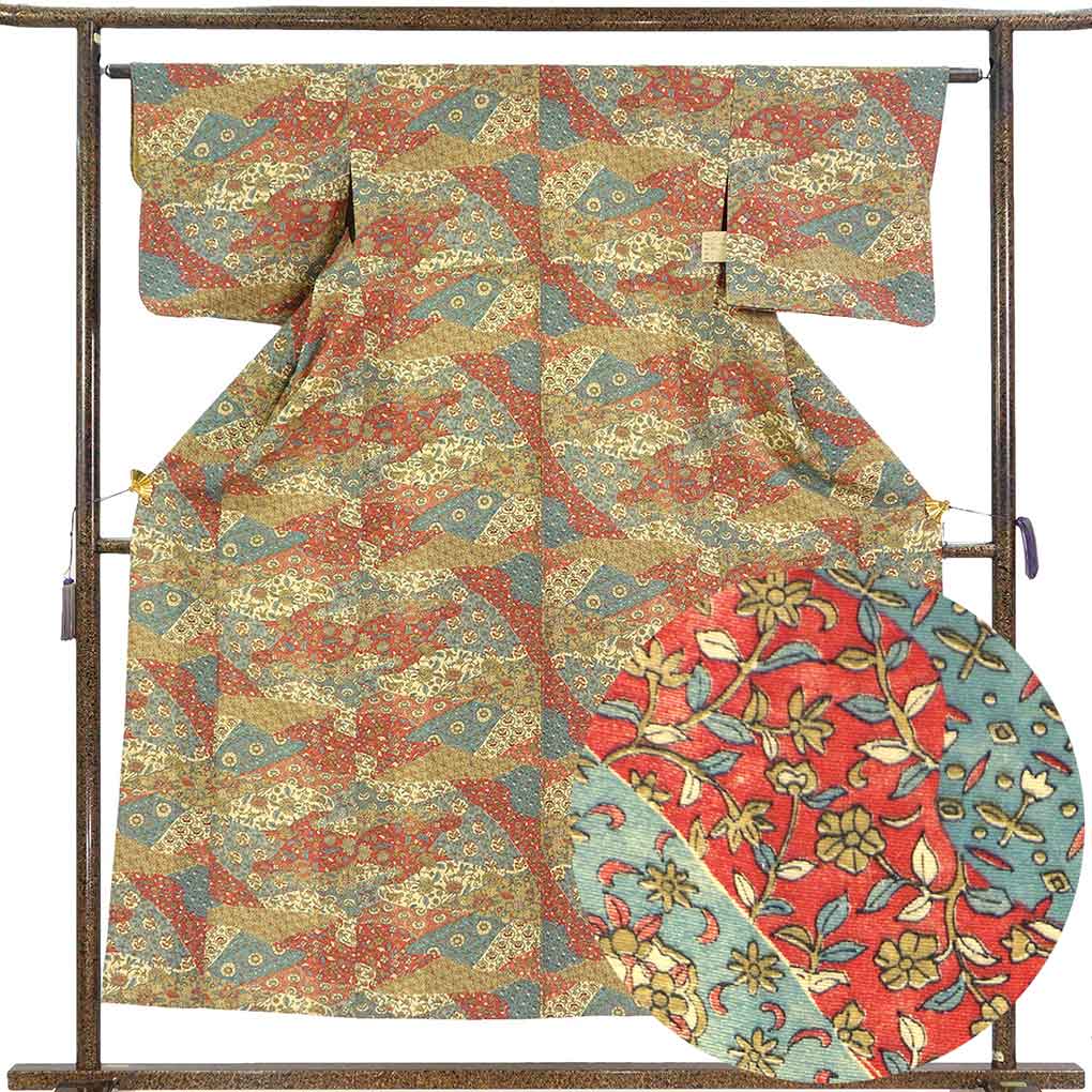 小紋 リサイクル着物 身丈155cm 裄63cm 前幅24cm 後幅29cm 袖丈44cm 袖幅32cm レディース 単衣 花柄 裄Mサイズ 初夏・初秋用 正絹（シルク）マルチカラー 美品 リメイク リユース【ランクA】