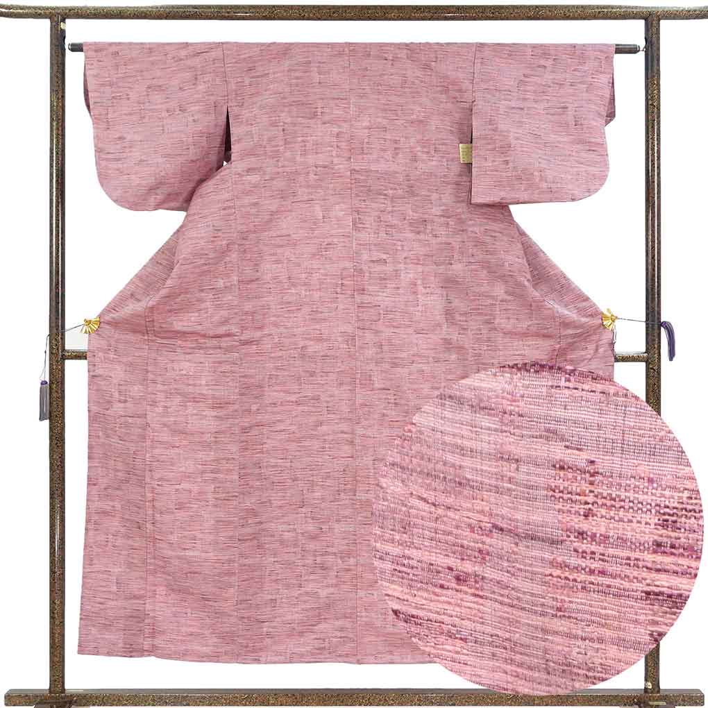 紬 リサイクル着物 身丈155cm 裄62.5cm 前幅23cm 後幅29cm 袖丈45cm 袖幅32cm レディース 単衣 抽象柄 裄Sサイズ 初夏・初秋用 正絹（シルク）ピンク 美品 リメイク リユース【ランクA】