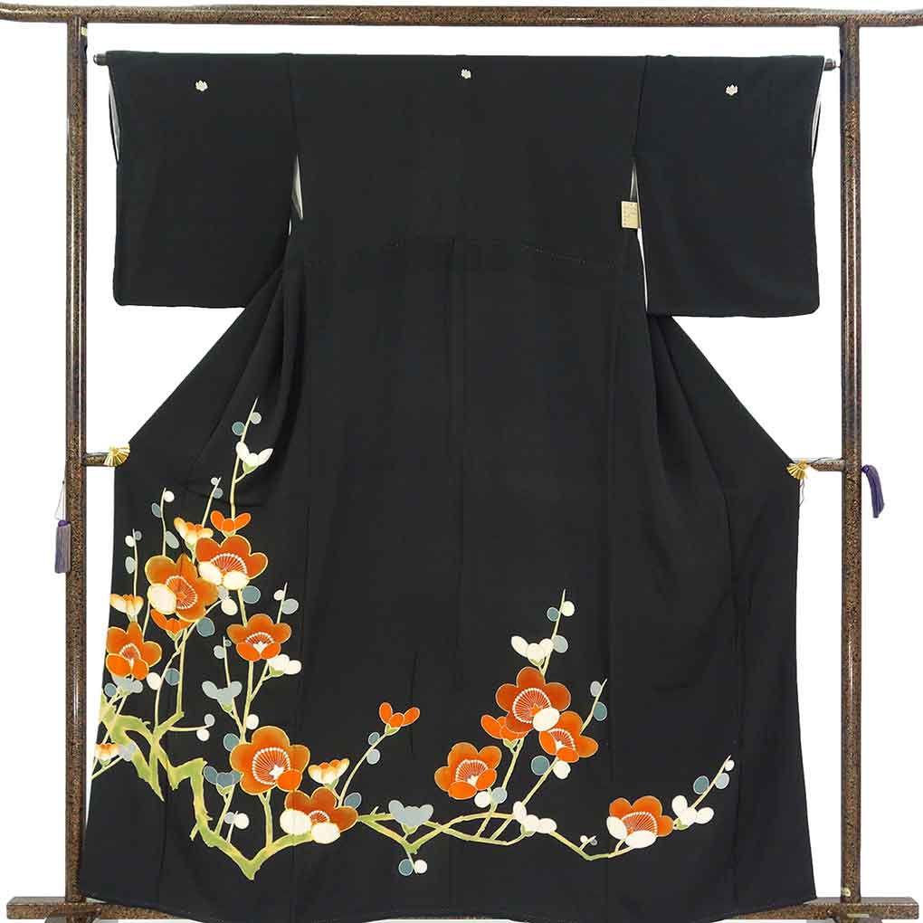 訪問着 リサイクル着物 身丈161cm 裄65cm 前幅25cm 後幅31cm 袖丈49cm 袖幅32cm レディース 袷 梅柄 裄Mサイズ 秋冬春用 正絹（シルク）ブラック やや難 リメイク リユース【ランクB】