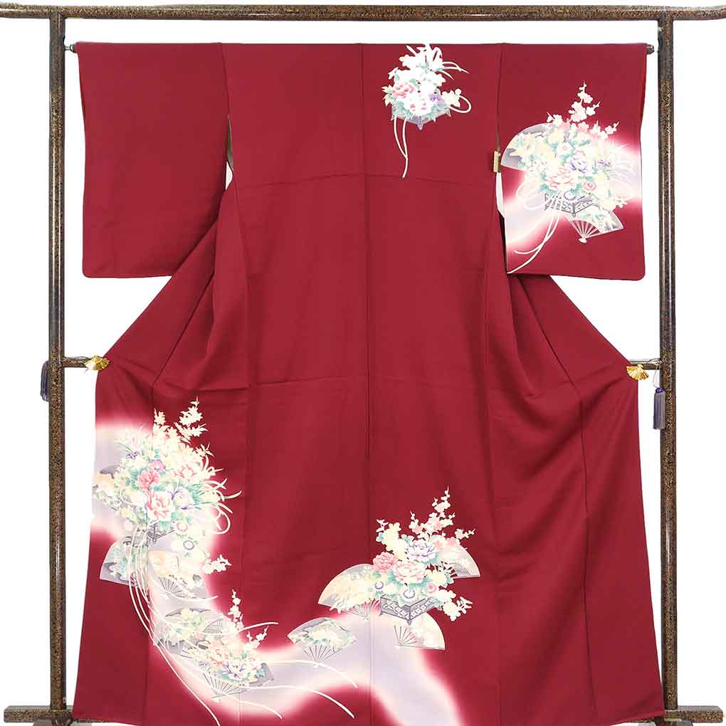 訪問着 リサイクル着物 身丈165cm 裄65cm 前幅23cm 後幅30cm 袖丈56cm 袖幅33cm レディース 袷 花柄 裄Mサイズ 秋冬春用 正絹（シルク）レッド トールサイズ やや難 リメイク リユース【ランクB】