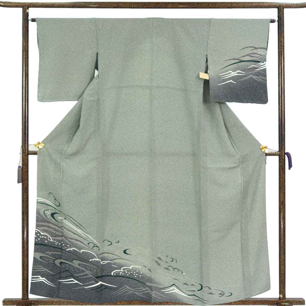 訪問着 リサイクル着物 身丈161cm 裄65cm 前幅24cm 後幅30cm 袖丈49cm 袖幅32cm レディース 単衣 抽象柄 裄Mサイズ 初夏・初秋用 正絹（シルク）グレー 美品 リメイク リユース【ランクA】