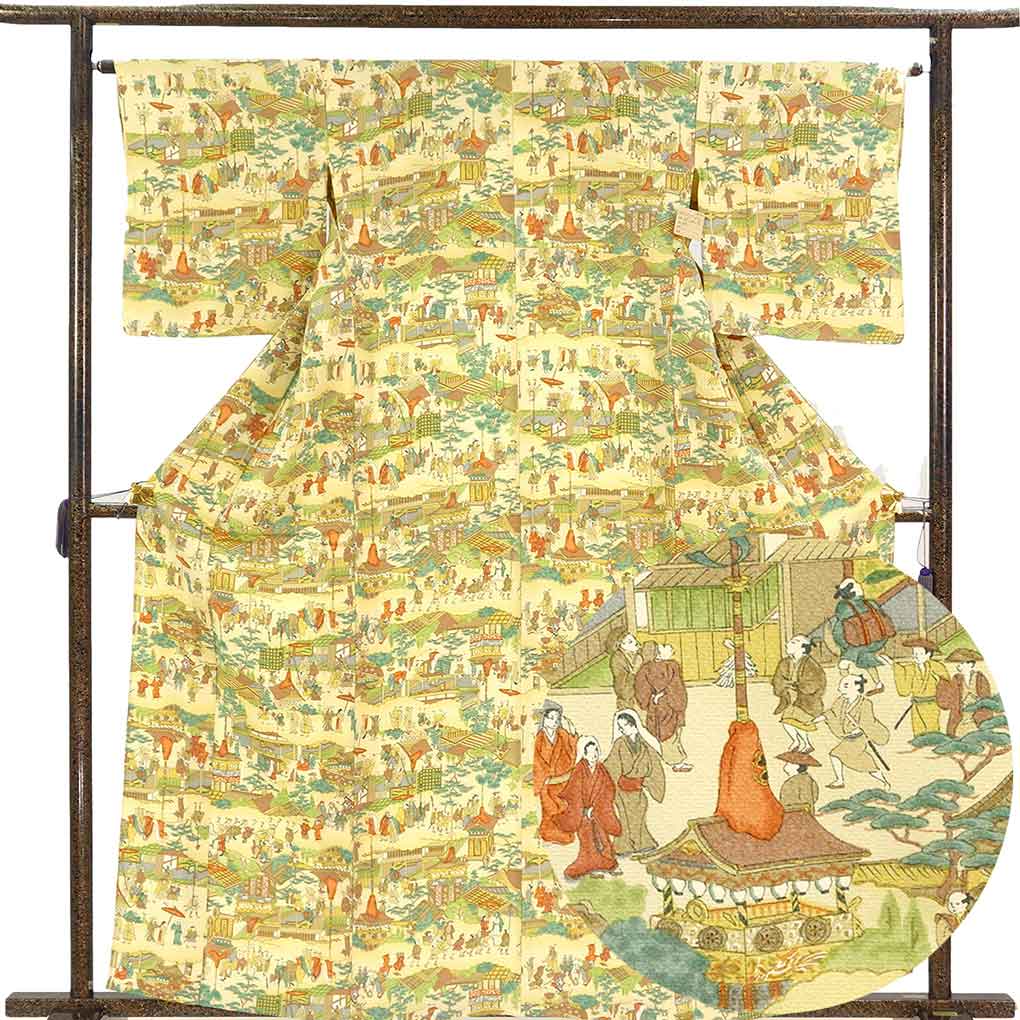 小紋 リサイクル着物 身丈163cm 裄65cm 前幅25cm 後幅29cm 袖丈48cm 袖幅33cm レディース 単衣 祇園祭 裄Mサイズ 初夏・初秋用 正絹（シルク）イエロー 美品 リメイク リユース【ランクA】