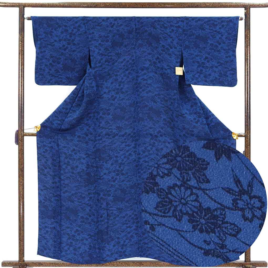 小紋 リサイクル着物 身丈162cm 裄65cm 前幅24.5cm 後幅28.5cm 袖丈46cm 袖幅33.5cm レディース 単衣 花柄 裄Mサイズ 初夏・初秋用 正絹（シルク）ネイビー 美品 リメイク リユース【ランクA】