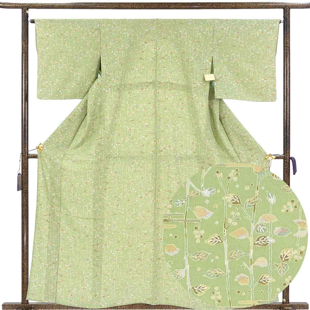 小紋 リサイクル着物 身丈162cm 裄65cm 前幅25cm 後幅31cm 袖丈46cm 袖幅33.5cm レディース 単衣 木の葉 裄Mサイズ 初夏・初秋用 正絹（シルク）グリーン 美品 リメイク リユース【ランクA】