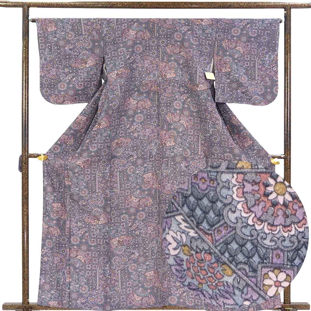小紋 リサイクル着物 身丈163cm 裄66cm 前幅24.5cm 後幅30.5cm 袖丈49cm 袖幅34cm レディース 単衣 更紗 裄長 裄M-Lサイズ 初夏・初秋用 正絹（シルク）パープル 美品 リメイク リユース【ランクA】