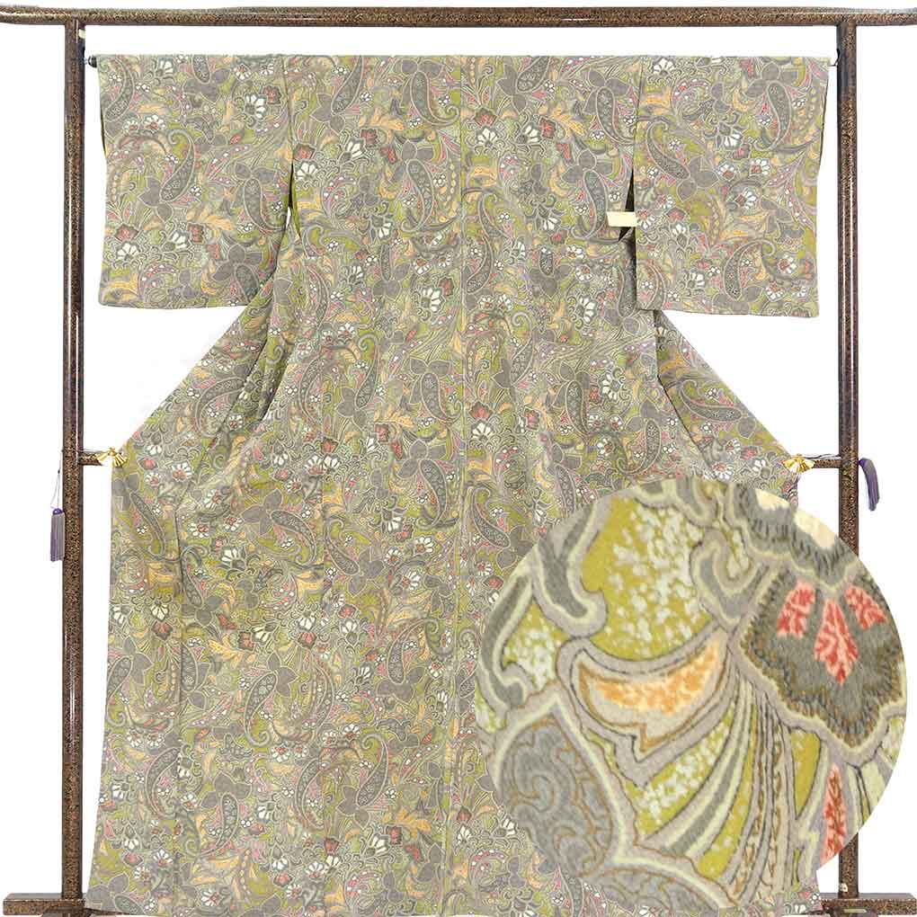小紋 リサイクル着物 身丈164cm 裄67cm 前幅28cm 後幅32cm 袖丈49cm 袖幅34cm レディース 単衣 丁子 裄長 裄Lサイズ 初夏・初秋用 正絹（シルク）グレー トールサイズ 美品 リメイク リユース【ランクA】