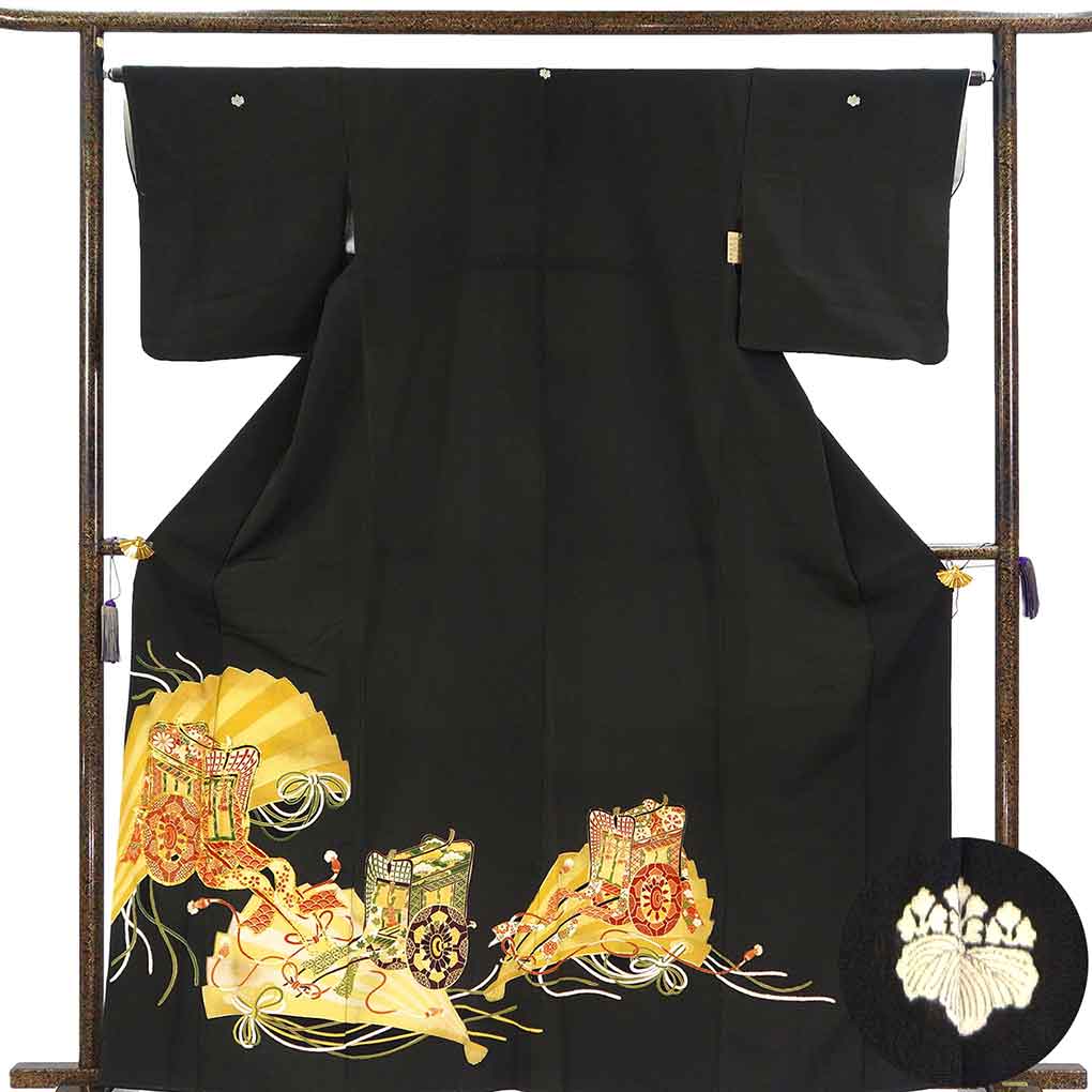 黒留袖 リサイクル着物 身丈164cm 裄65cm 前幅22.5cm 後幅30cm 袖丈48cm 袖幅33cm レディース 源氏車 裄Mサイズ 年中着用可 正絹（シルク）ブラック トールサイズ 難有り リメイク リユース【ランクC】