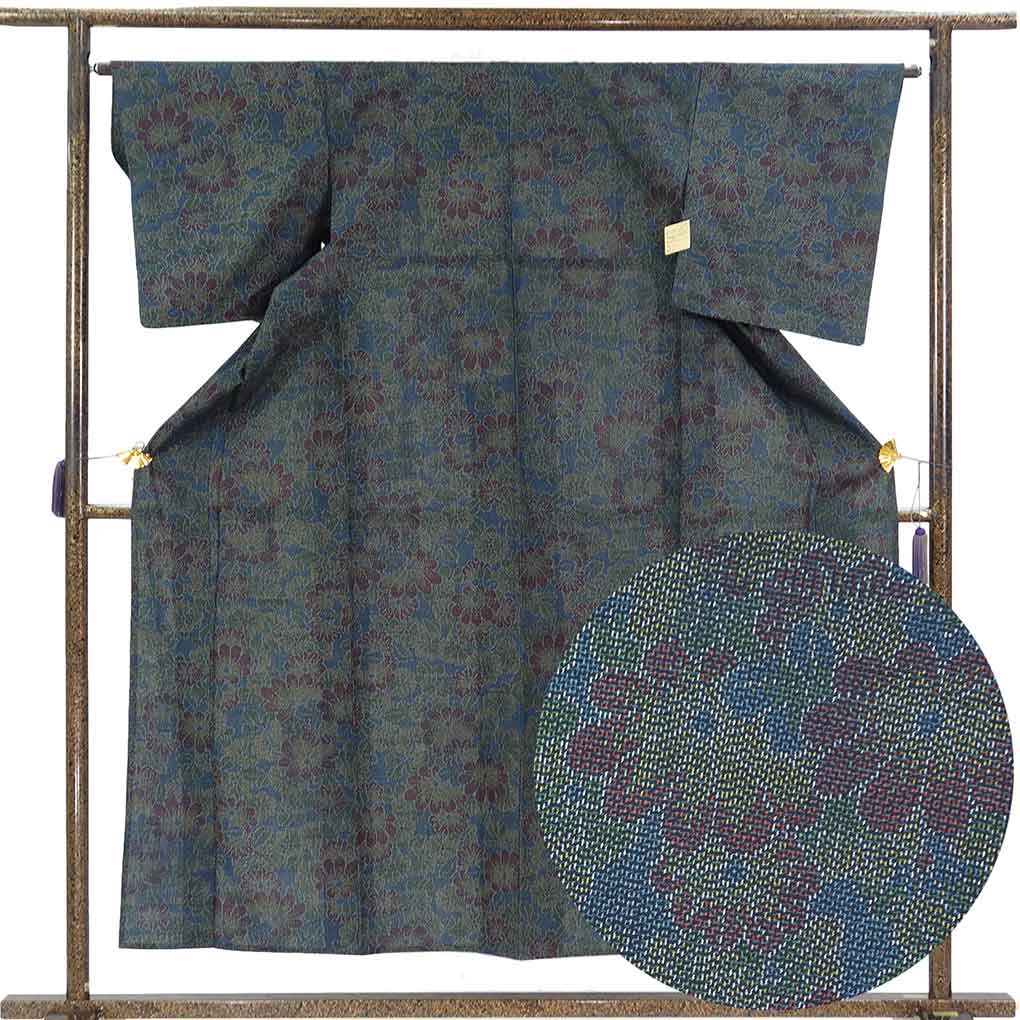 紬 リサイクル着物 身丈155cm 裄64cm 前幅24cm 後幅29.5cm 袖丈49cm 袖幅32cm レディース 単衣 花柄 裄Mサイズ 初夏・初秋用 正絹（シルク）ブラック 美品 リメイク リユース【ランクA】