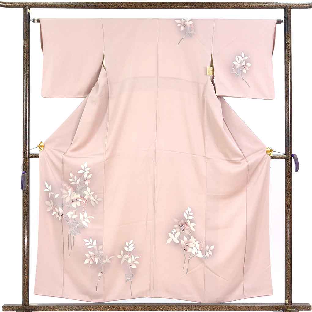 訪問着 リサイクル着物 身丈158cm 裄63cm 前幅22.5cm 後幅28cm 袖丈45.5cm 袖幅32cm レディース 袷 南天 裄Mサイズ 秋冬春用 正絹（シルク）ブラウン やや難 リメイク リユース【ランクB】