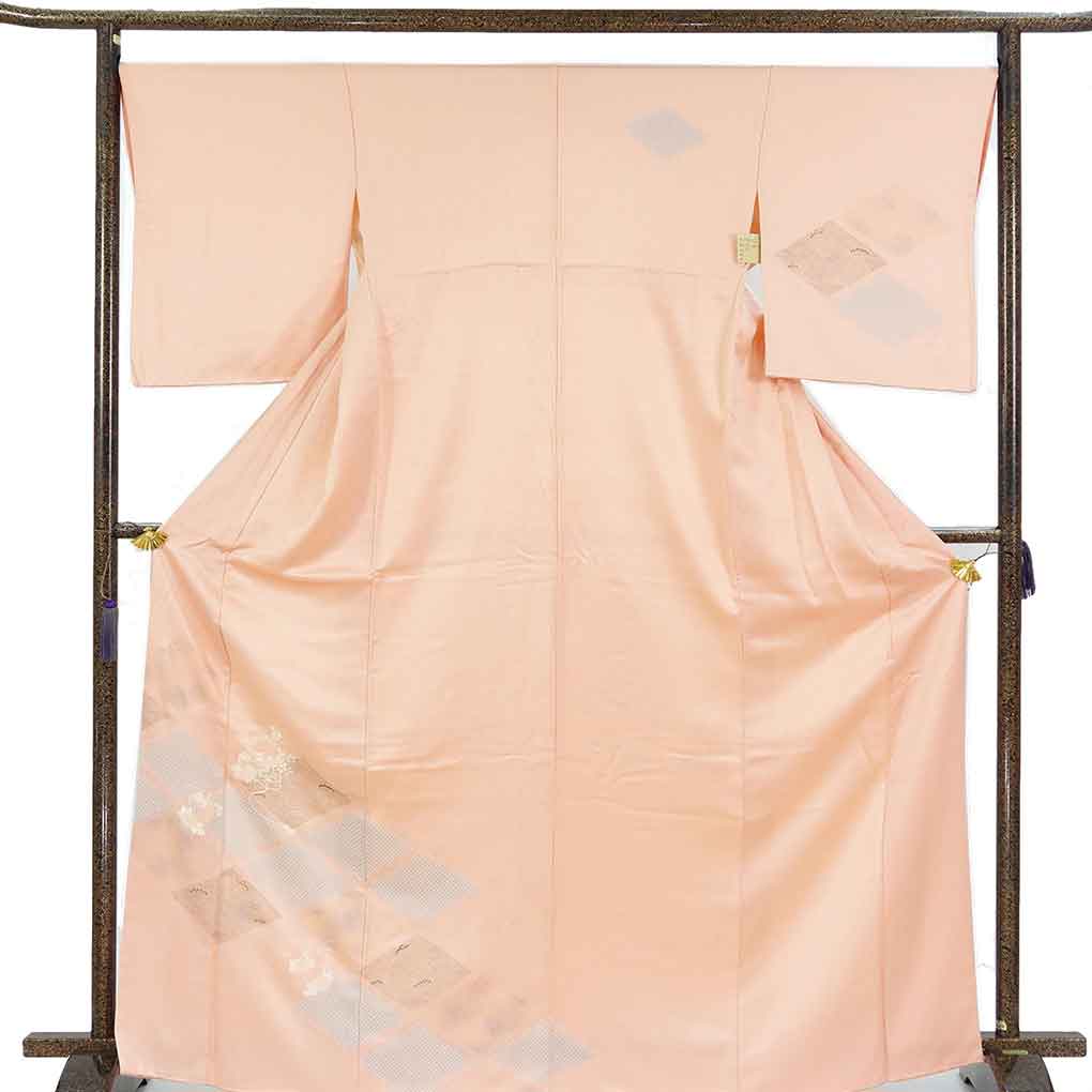 訪問着 リサイクル着物 身丈170cm 裄68cm 前幅24cm 後幅30cm 袖丈52cm 袖幅34cm レディース 袷 菱形 裄長 裄Lサイズ 秋冬春用 正絹（シルク）ピンク トールサイズ やや難 リメイク リユース【ランクB】