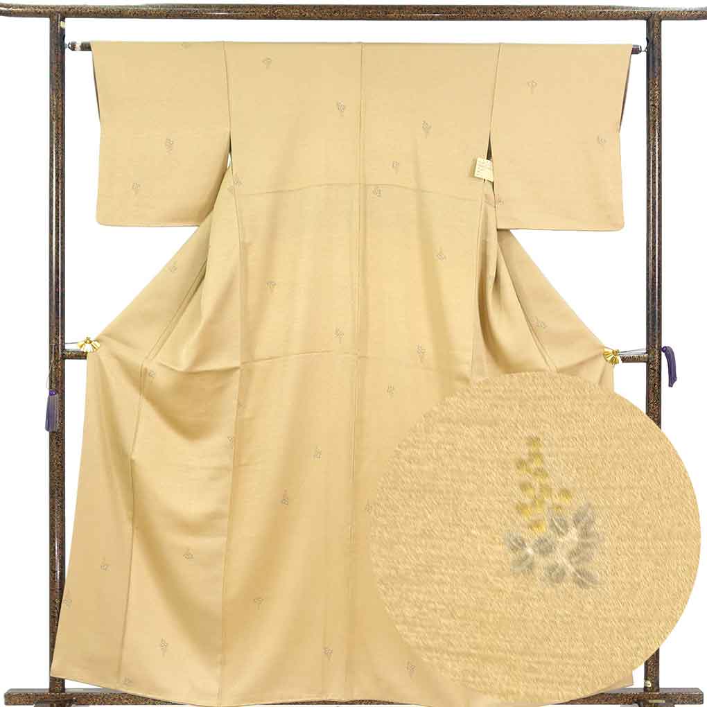 小紋 リサイクル着物 身丈160cm 裄63cm 前幅24.5cm 後幅30.5cm 袖丈45cm 袖幅30.5cm レディース 袷 南天 裄Mサイズ 秋冬春用 正絹（シルク）ブラウン 美品 リメイク リユース【ランクA】