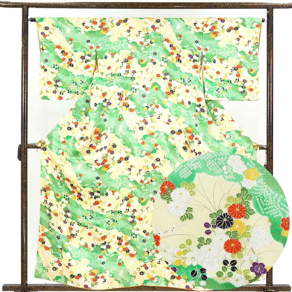 小紋 リサイクル着物 身丈160cm 裄64cm 前幅23cm 後幅29.5cm 袖丈48cm 袖幅32.5cm レディース 袷 花柄 裄Mサイズ 秋冬春用 正絹（シルク）グリーン 美品 リメイク リユース【ランクA】