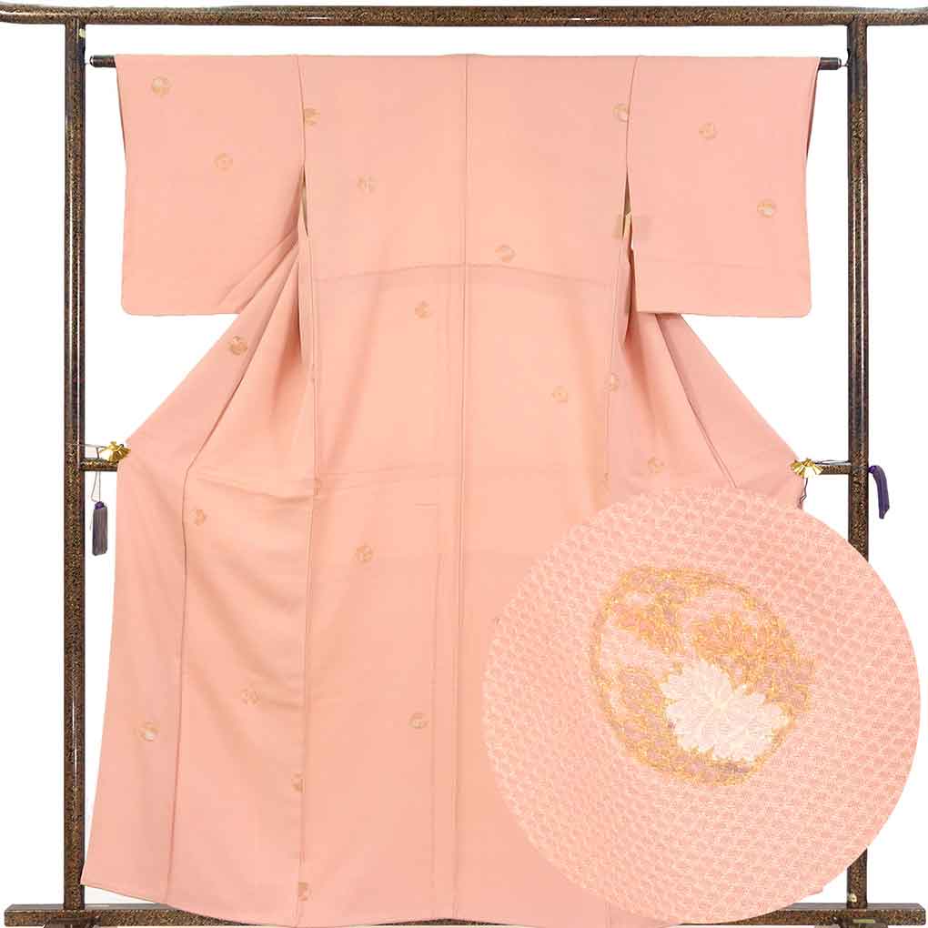小紋 リサイクル着物 身丈160cm 裄62cm 前幅24cm 後幅28cm 袖丈49cm 袖幅32cm レディース 袷 花丸紋 裄Sサイズ 秋冬春用 正絹（シルク）ピンク やや難 リメイク リユース【ランクB】