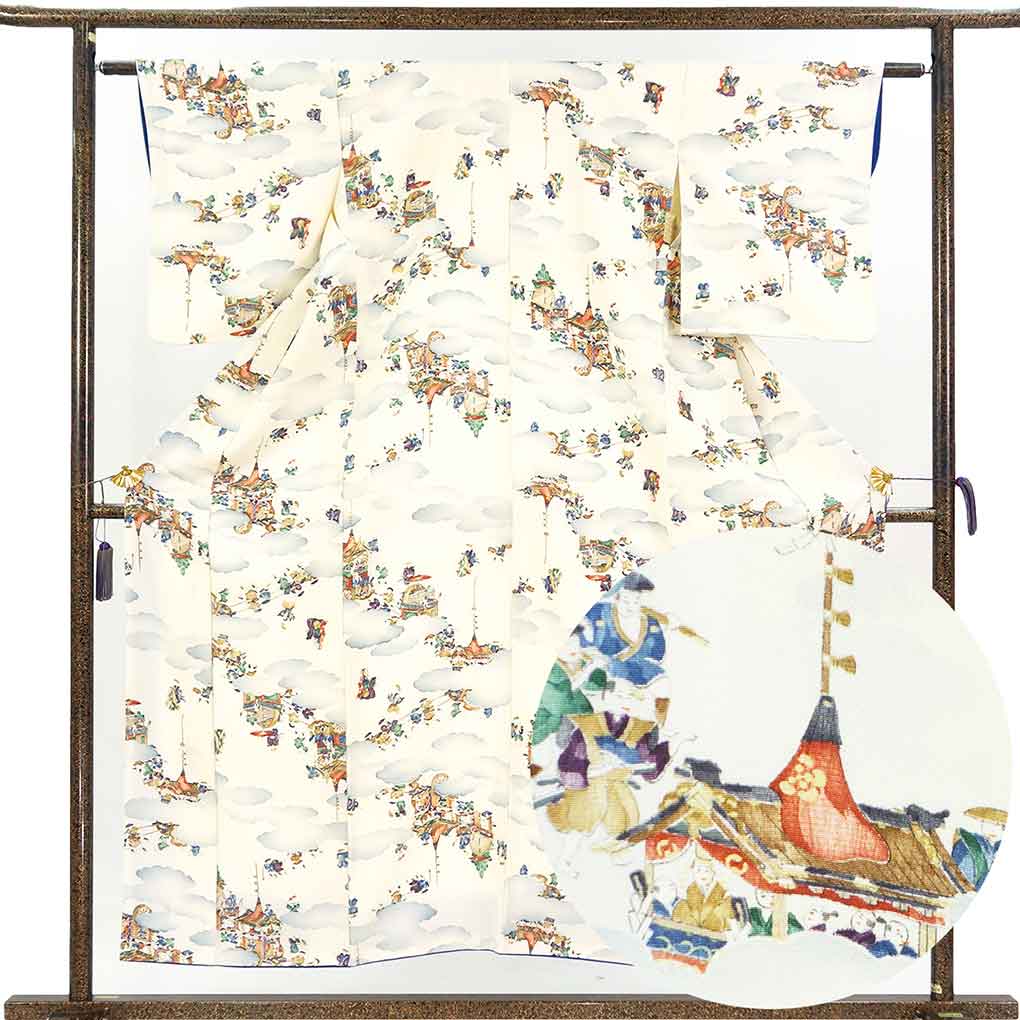 小紋 リサイクル着物 身丈155cm 裄62cm 前幅23cm 後幅28.5cm 袖丈49cm 袖幅31cm レディース 袷 祇園祭 裄Sサイズ 秋冬春用 正絹（シルク）ホワイト やや難 リメイク リユース【ランクB】